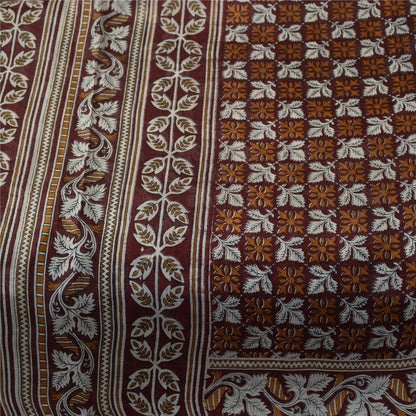 Sanskriti Vintage Sarees Brown Indian Pure Silk Printed Sari 6+yd Craft Fabric