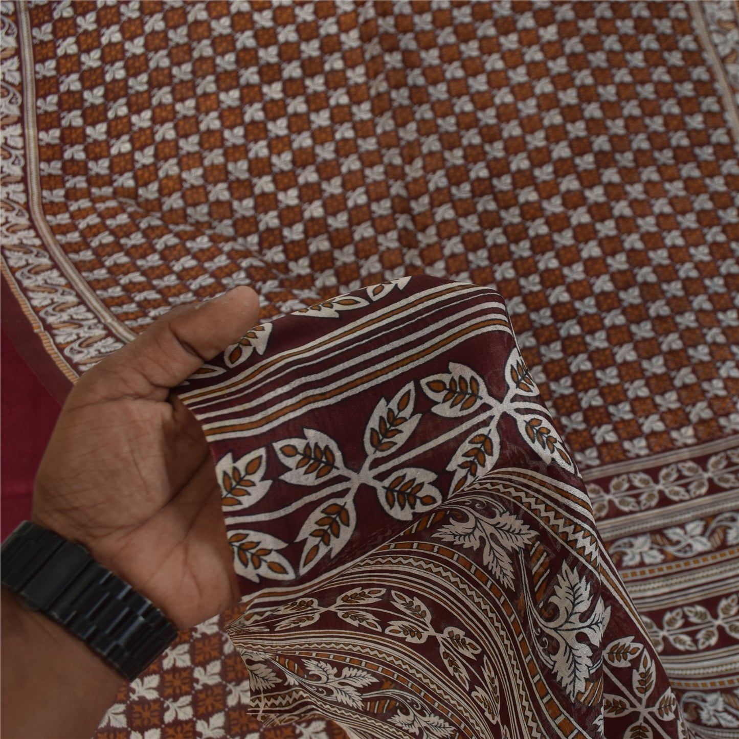 Sanskriti Vintage Sarees Brown Indian Pure Silk Printed Sari 6+yd Craft Fabric