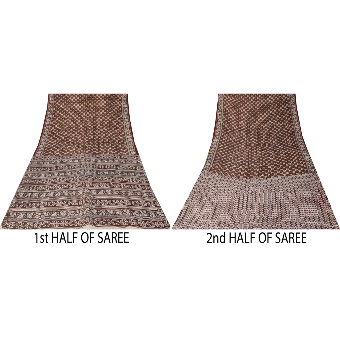 Sanskriti Vintage Sarees Brown Indian Pure Silk Printed Sari 6+yd Craft Fabric