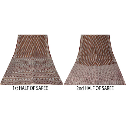 Sanskriti Vintage Sarees Brown Indian Pure Silk Printed Sari 6+yd Craft Fabric