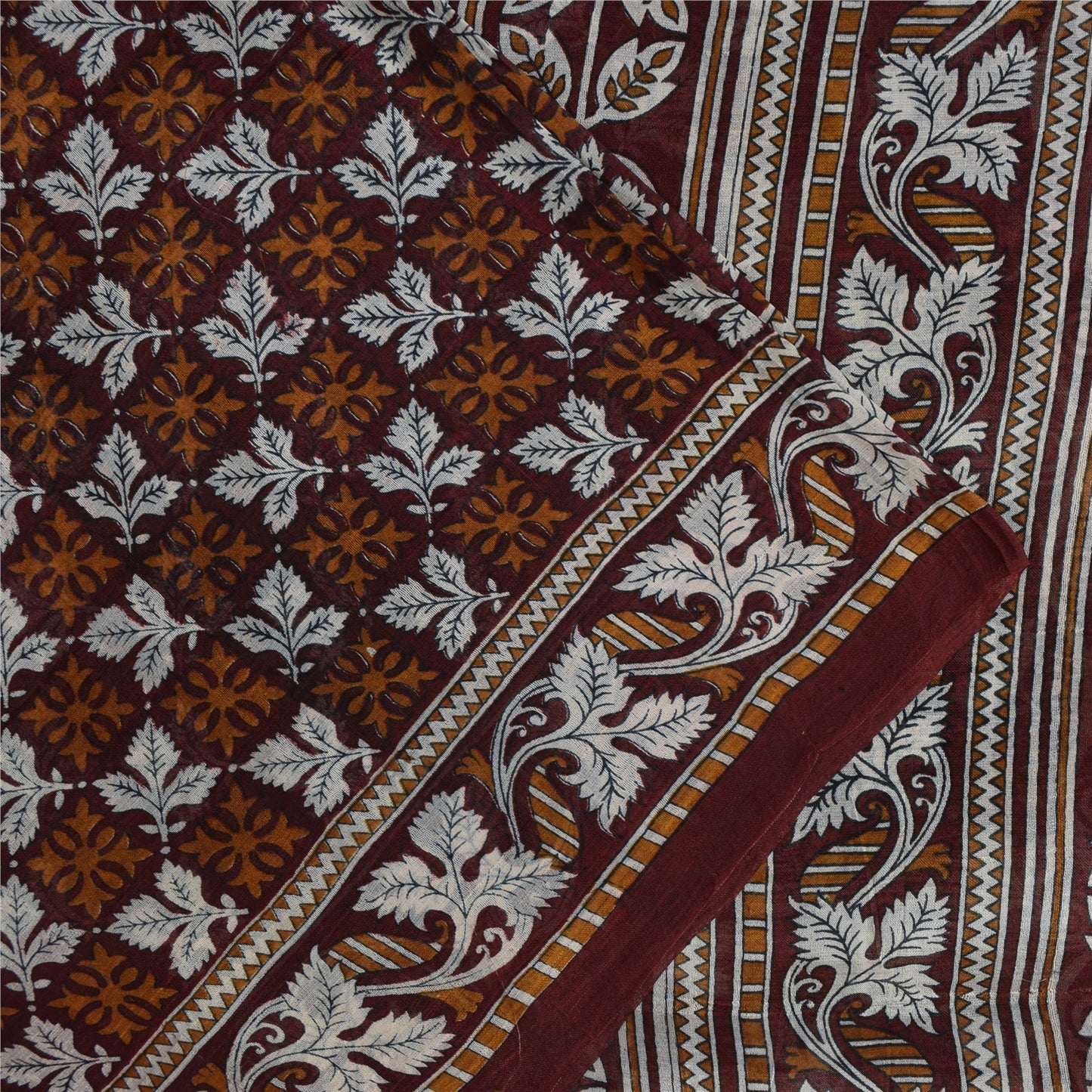 Sanskriti Vintage Sarees Brown Indian Pure Silk Printed Sari 6+yd Craft Fabric