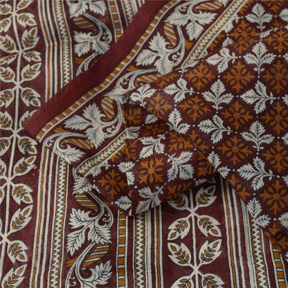 Sanskriti Vintage Sarees Brown Indian Pure Silk Printed Sari 6+yd Craft Fabric