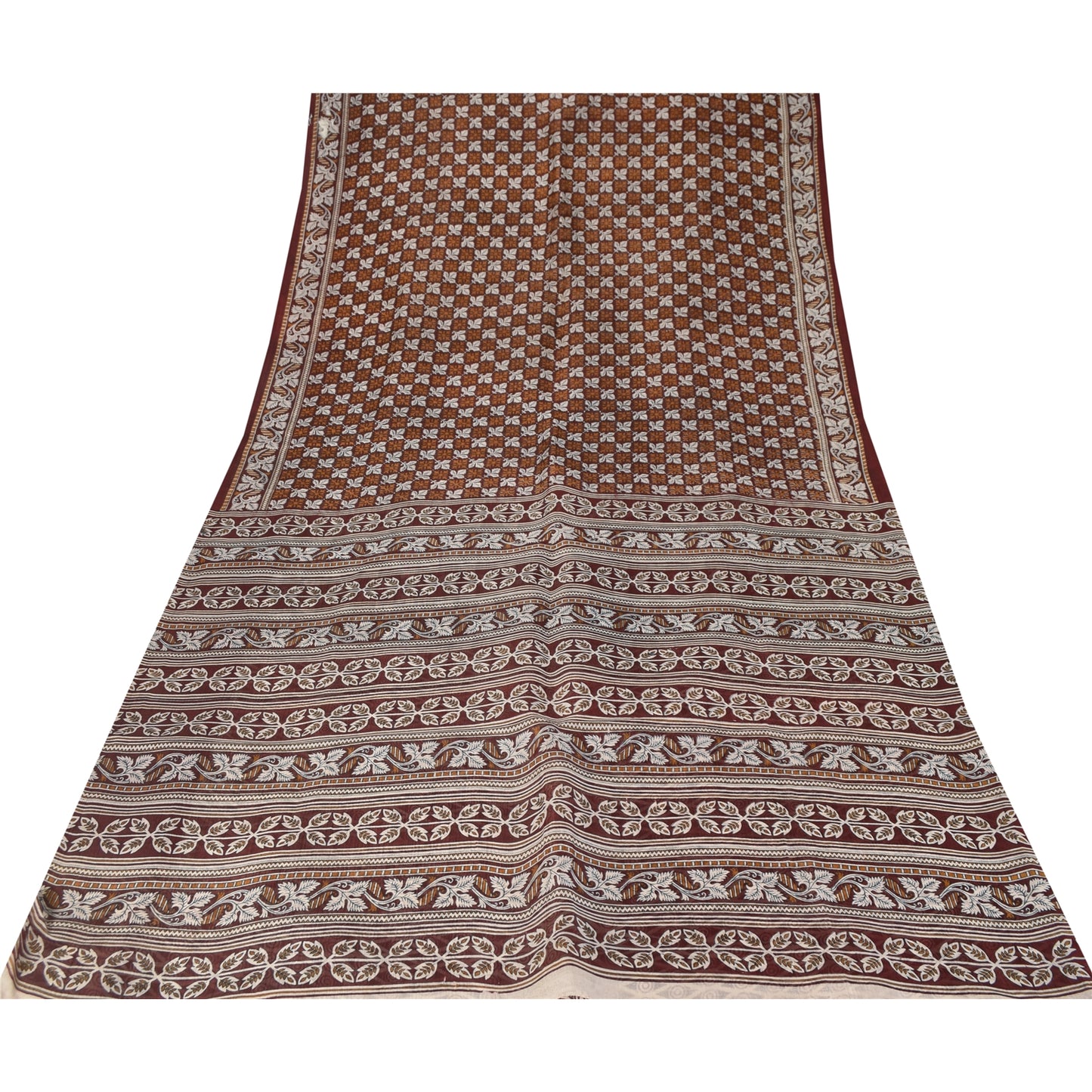 Sanskriti Vintage Sarees Brown Indian Pure Silk Printed Sari 6+yd Craft Fabric