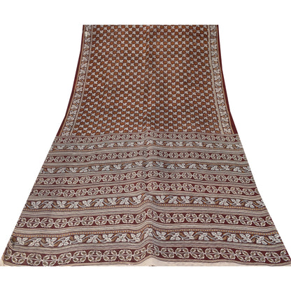 Sanskriti Vintage Sarees Brown Indian Pure Silk Printed Sari 6+yd Craft Fabric