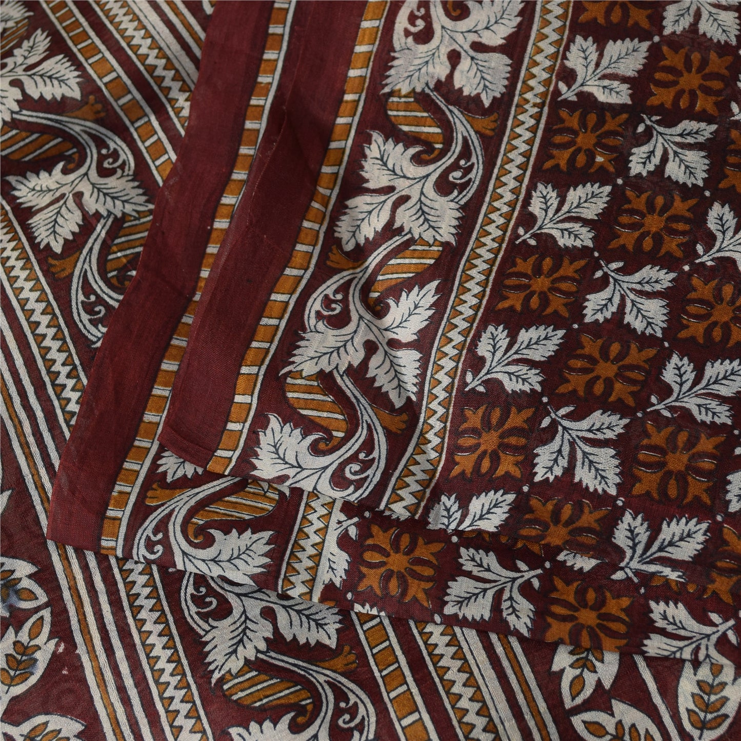 Sanskriti Vintage Sarees Brown Indian Pure Silk Printed Sari 6+yd Craft Fabric