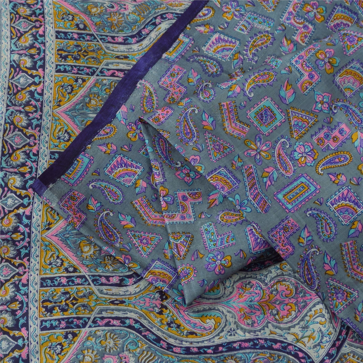 Sanskriti Vintage Sarees Gray Indian 100%Pure Silk Printed Sari 6yd Craft Fabric