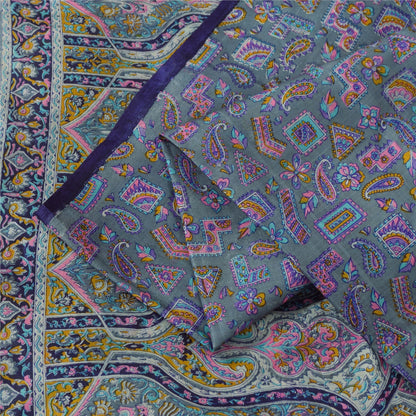 Sanskriti Vintage Sarees Gray Indian 100%Pure Silk Printed Sari 6yd Craft Fabric