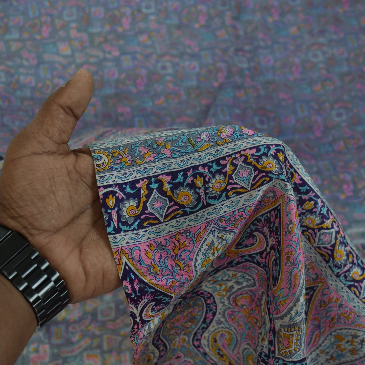 Sanskriti Vintage Sarees Gray Indian 100%Pure Silk Printed Sari 6yd Craft Fabric