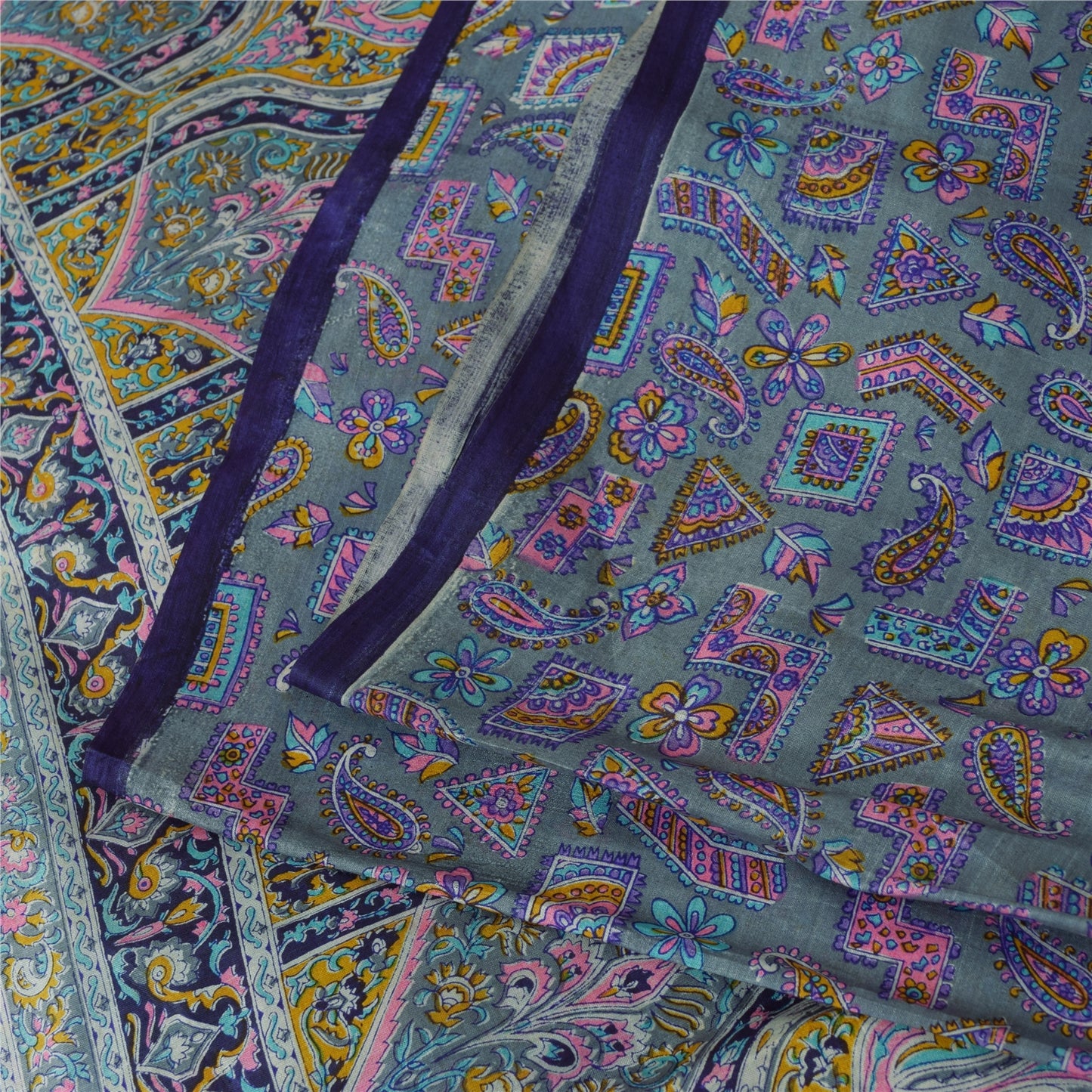 Sanskriti Vintage Sarees Gray Indian 100%Pure Silk Printed Sari 6yd Craft Fabric