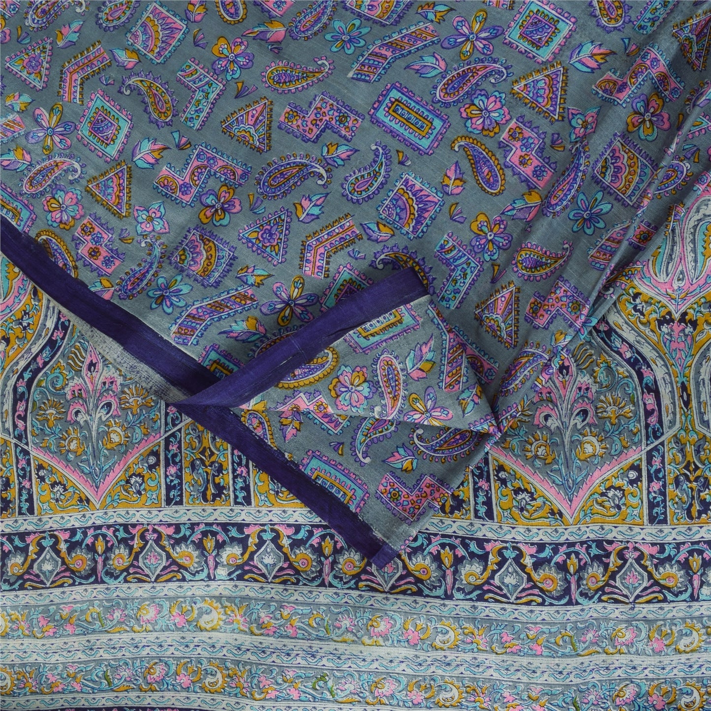 Sanskriti Vintage Sarees Gray Indian 100%Pure Silk Printed Sari 6yd Craft Fabric