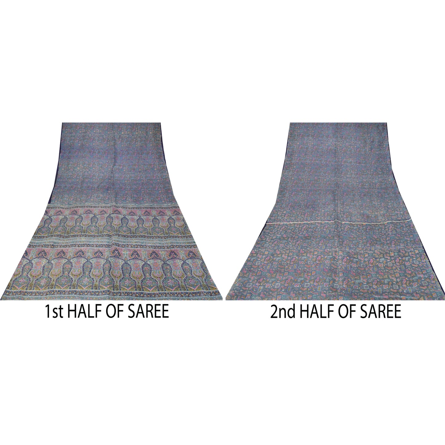 Sanskriti Vintage Sarees Gray Indian 100%Pure Silk Printed Sari 6yd Craft Fabric