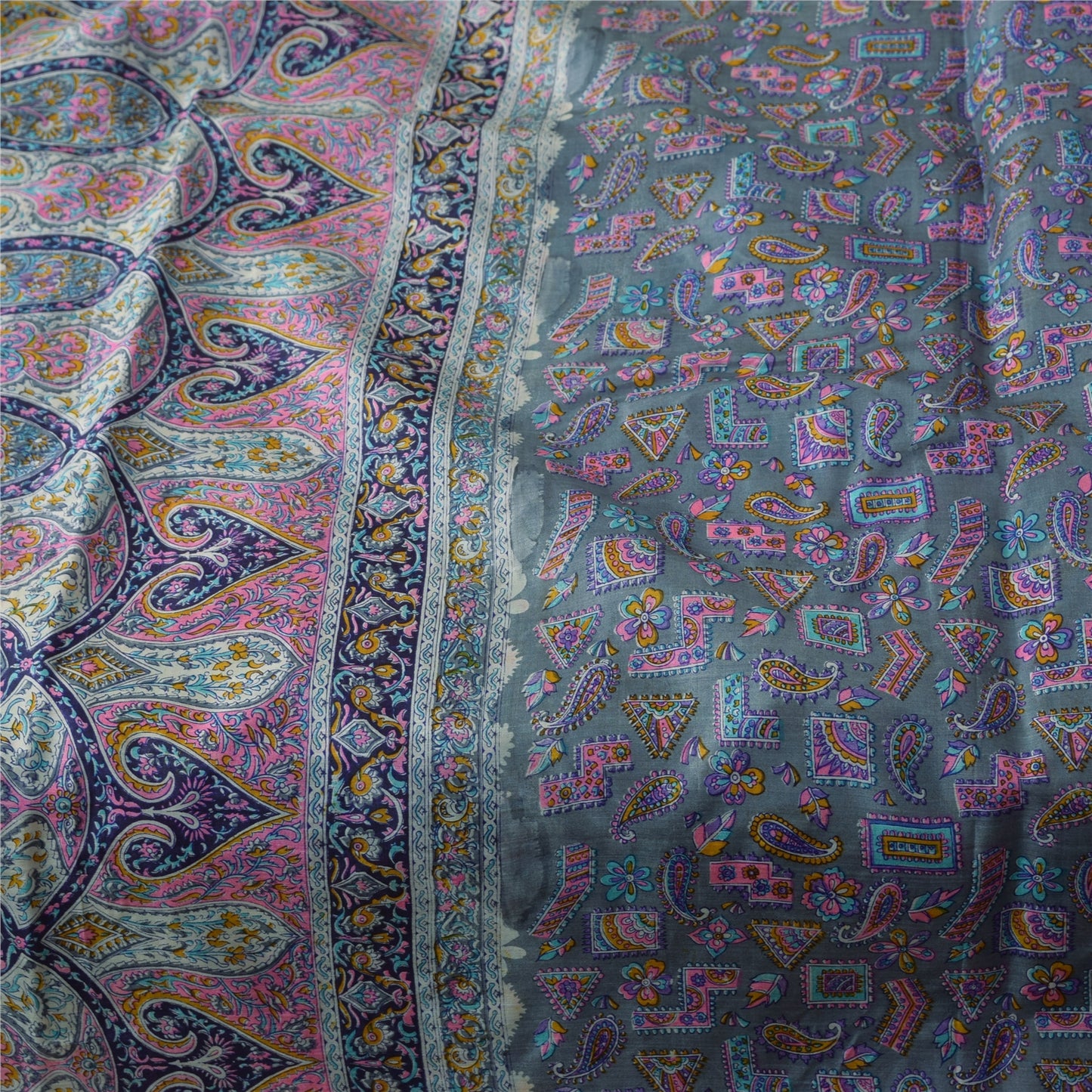 Sanskriti Vintage Sarees Gray Indian 100%Pure Silk Printed Sari 6yd Craft Fabric