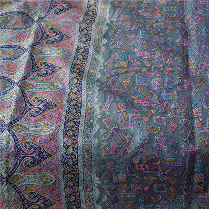Sanskriti Vintage Sarees Gray Indian 100%Pure Silk Printed Sari 6yd Craft Fabric