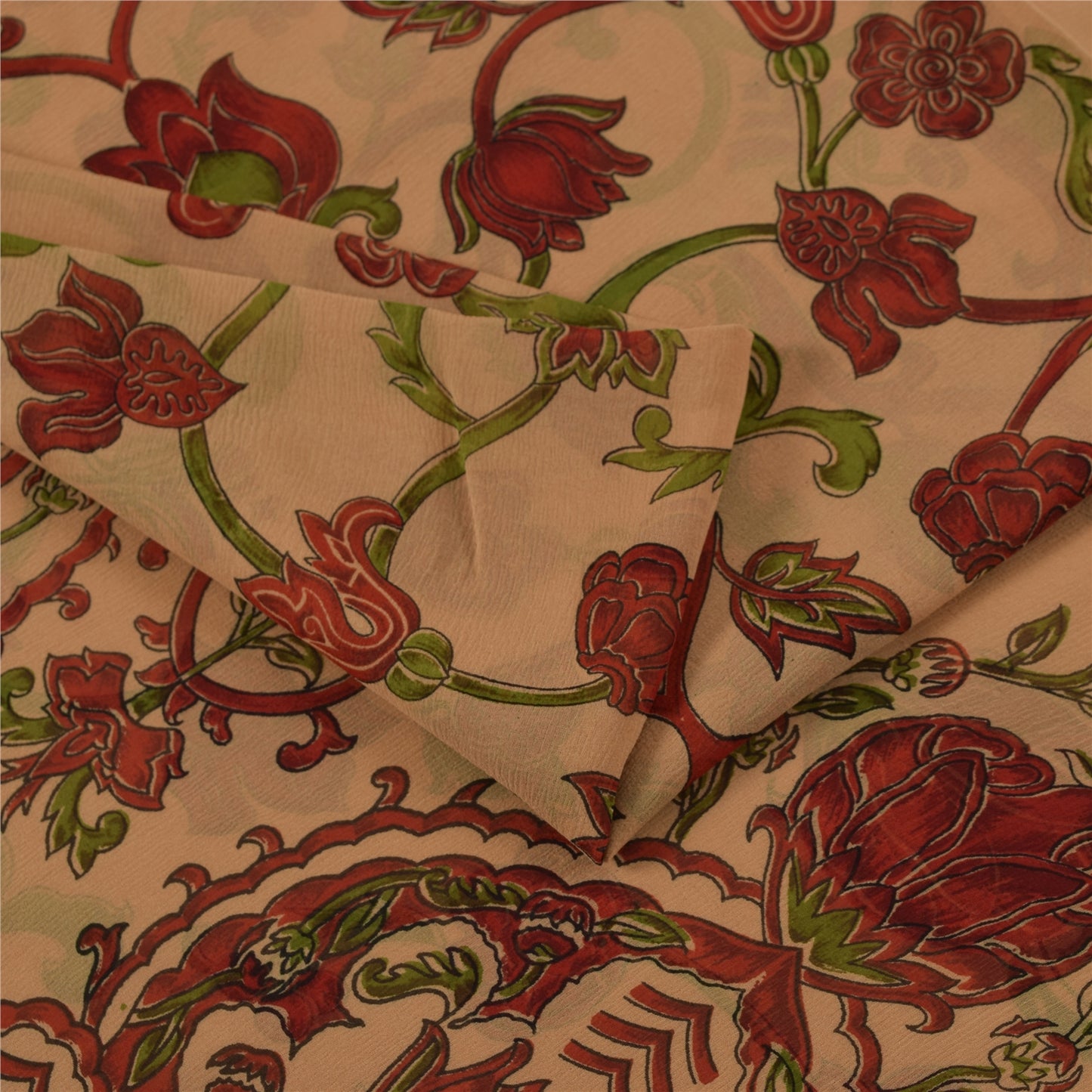 Sanskriti Vintage Sarees Peach Pure Chiffon Silk Printed Sari 5+yd Craft Fabric