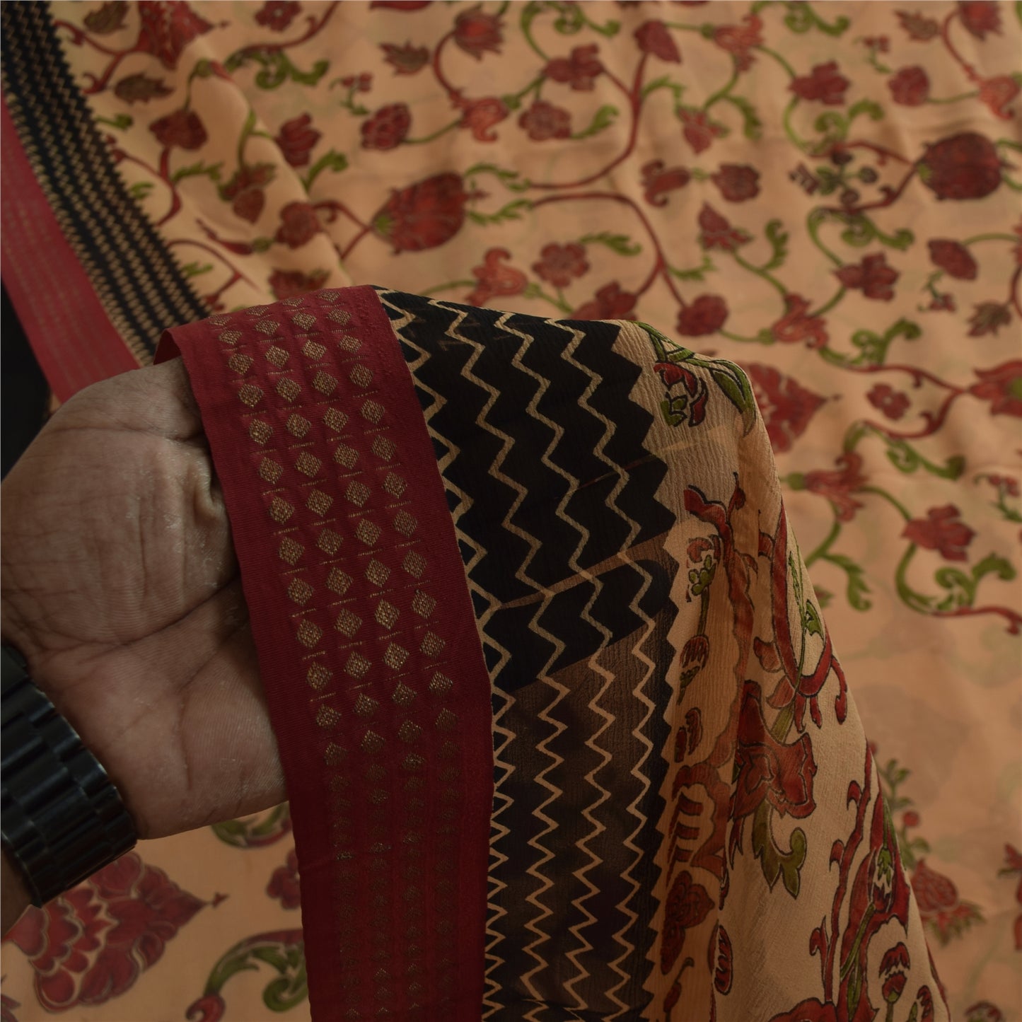 Sanskriti Vintage Sarees Peach Pure Chiffon Silk Printed Sari 5+yd Craft Fabric