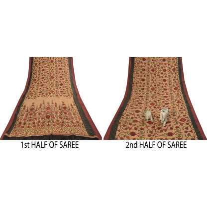 Sanskriti Vintage Sarees Peach Pure Chiffon Silk Printed Sari 5+yd Craft Fabric