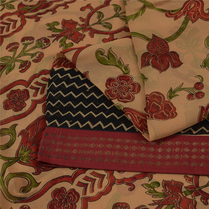 Sanskriti Vintage Sarees Peach Pure Chiffon Silk Printed Sari 5+yd Craft Fabric