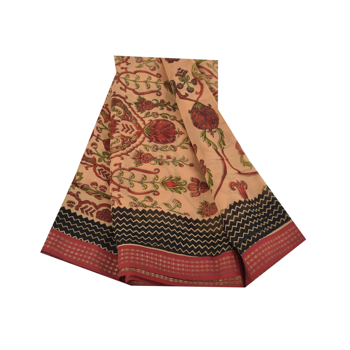 Sanskriti Vintage Sarees Peach Pure Chiffon Silk Printed Sari 5+yd Craft Fabric