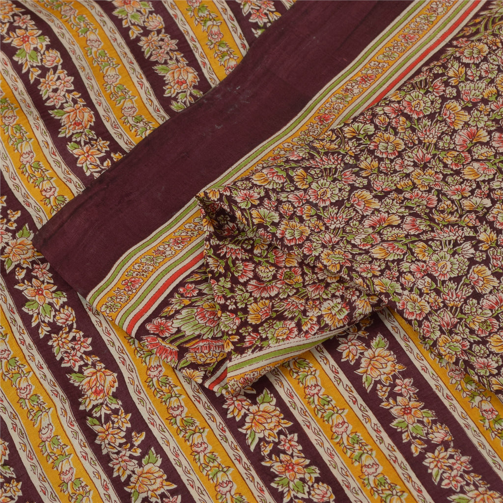 Sanskriti Vintage Sarees Dark Red 100% Pure Silk Printed Sari 5+yd Craft Fabric