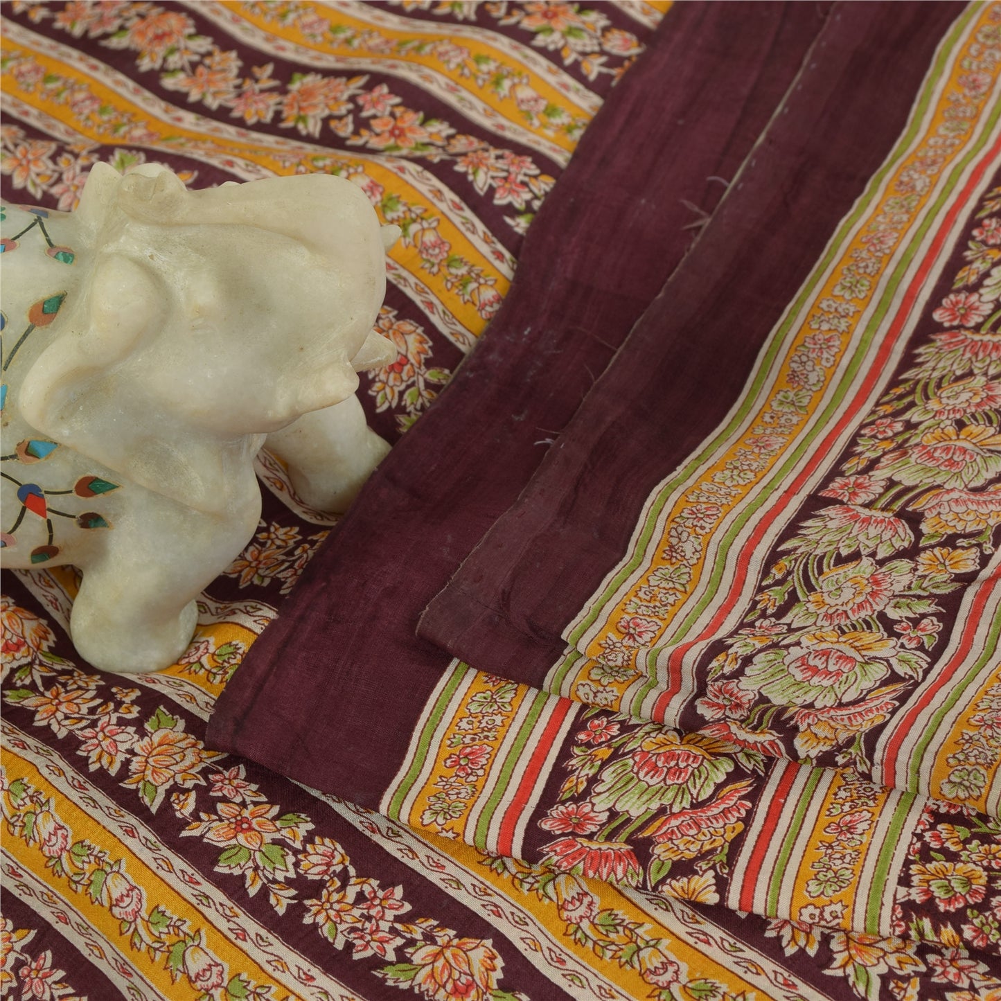 Sanskriti Vintage Sarees Dark Red 100% Pure Silk Printed Sari 5+yd Craft Fabric