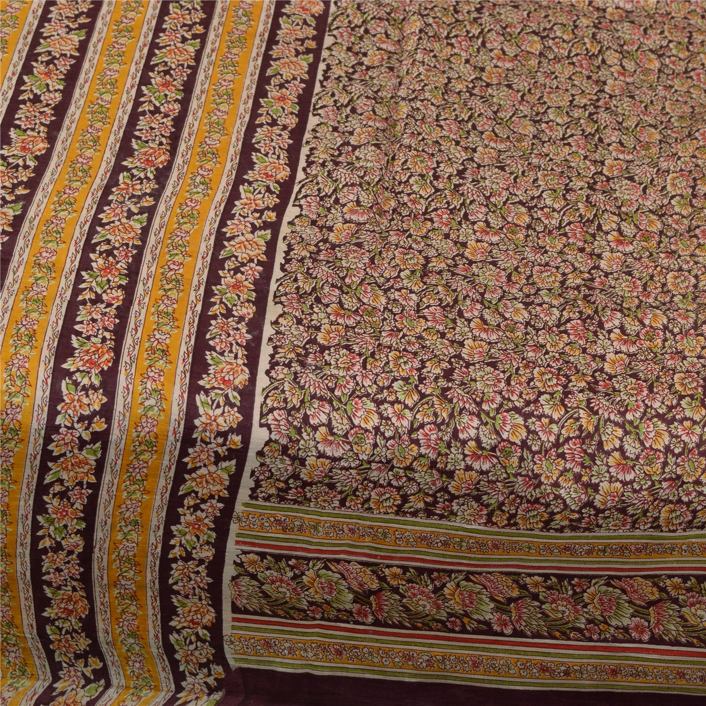 Sanskriti Vintage Sarees Dark Red 100% Pure Silk Printed Sari 5+yd Craft Fabric