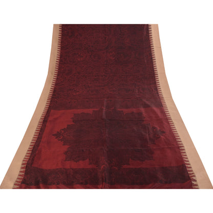 Sanskriti Vintage Sarees Dark Red IndianPure Silk Printed Sari 5+yd Craft Fabric