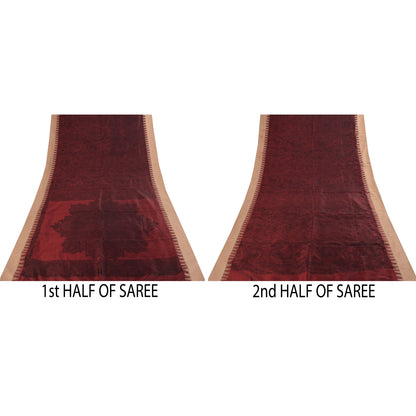 Sanskriti Vintage Sarees Dark Red IndianPure Silk Printed Sari 5+yd Craft Fabric