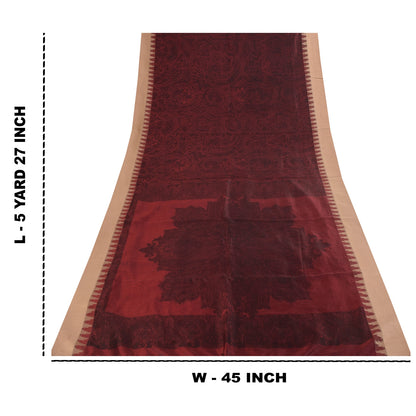 Sanskriti Vintage Sarees Dark Red IndianPure Silk Printed Sari 5+yd Craft Fabric
