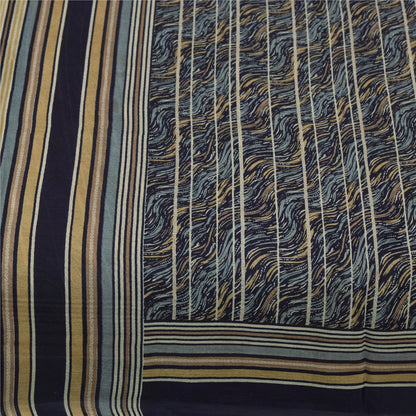 Sanskriti Vintage Sarees Blue Pure Silk Abstract Printed Sari 5+yd Craft Fabric