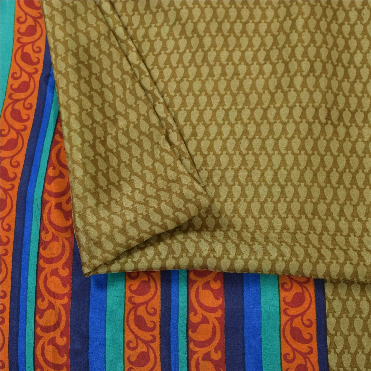 Sanskriti Vintage Sarees Heena Green Pure Silk Printed Sari 5+yd Craft Fabric