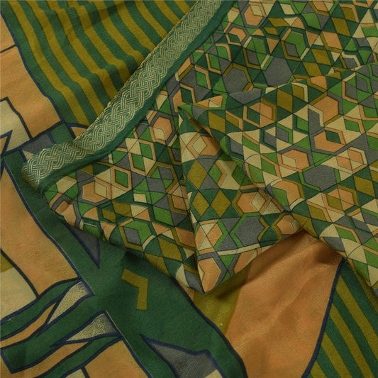 Sanskriti Vintage Sarees Green Pure Silk Geometric Print Sari 5+yd Craft Fabric