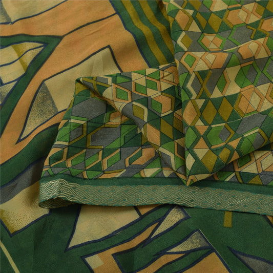 Sanskriti Vintage Sarees Green Pure Silk Geometric Print Sari 5+yd Craft Fabric