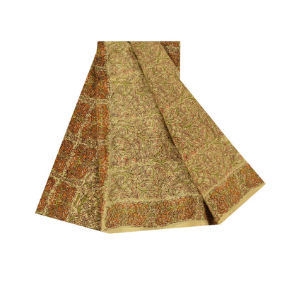 Sanskriti Vintage Sarees Beige Indian Pure Silk Printed Sari 6+yd Craft Fabric