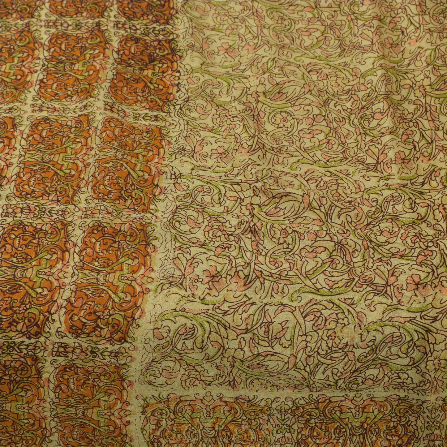 Sanskriti Vintage Sarees Beige Indian Pure Silk Printed Sari 6+yd Craft Fabric