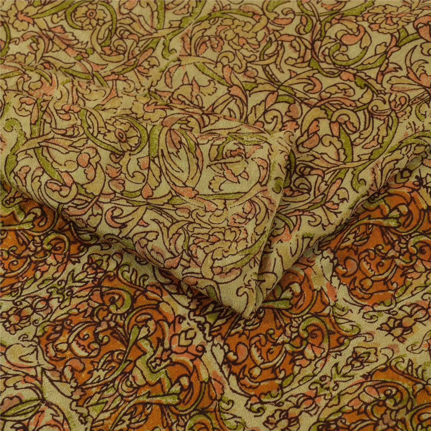 Sanskriti Vintage Sarees Beige Indian Pure Silk Printed Sari 6+yd Craft Fabric