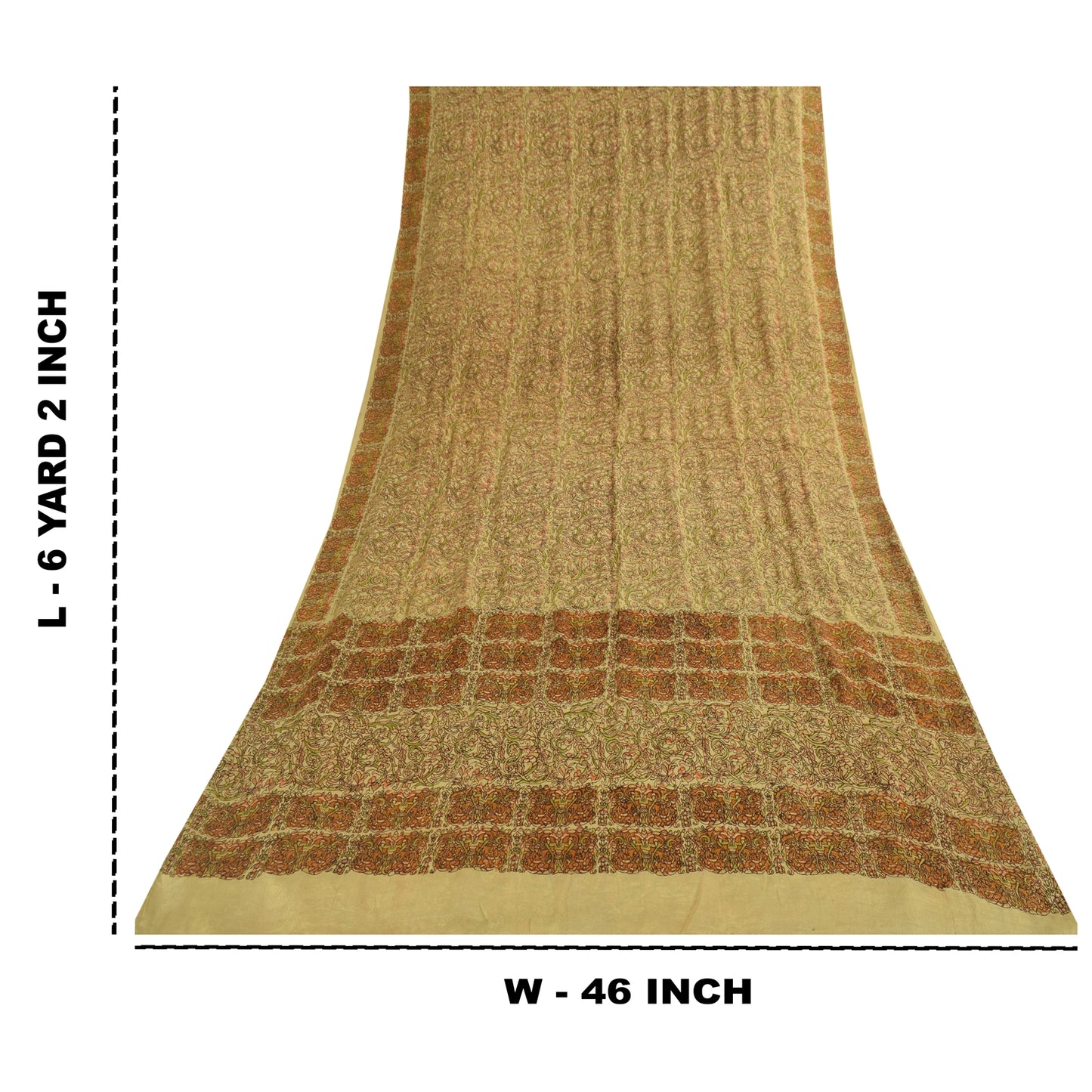 Sanskriti Vintage Sarees Beige Indian Pure Silk Printed Sari 6+yd Craft Fabric