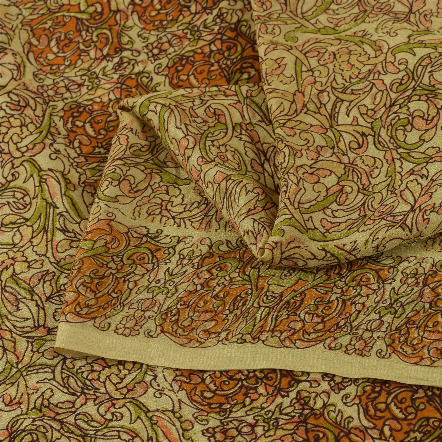 Sanskriti Vintage Sarees Beige Indian Pure Silk Printed Sari 6+yd Craft Fabric