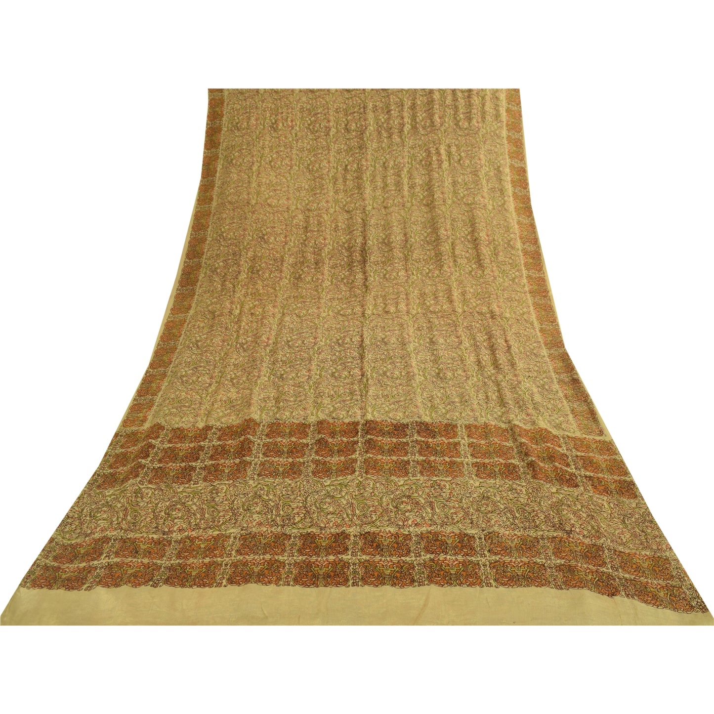 Sanskriti Vintage Sarees Beige Indian Pure Silk Printed Sari 6+yd Craft Fabric