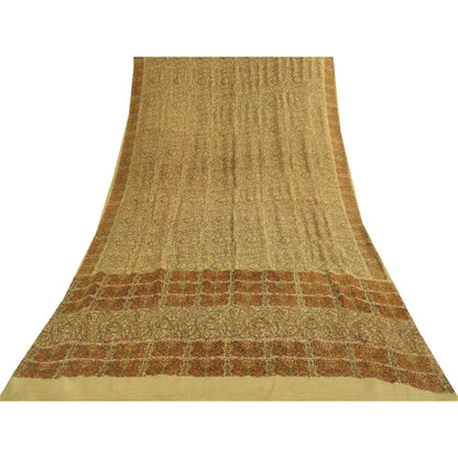 Sanskriti Vintage Sarees Beige Indian Pure Silk Printed Sari 6+yd Craft Fabric