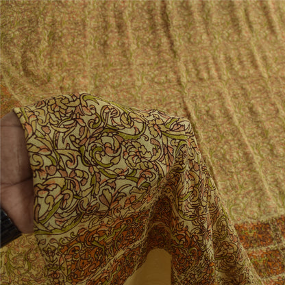 Sanskriti Vintage Sarees Beige Indian Pure Silk Printed Sari 6+yd Craft Fabric