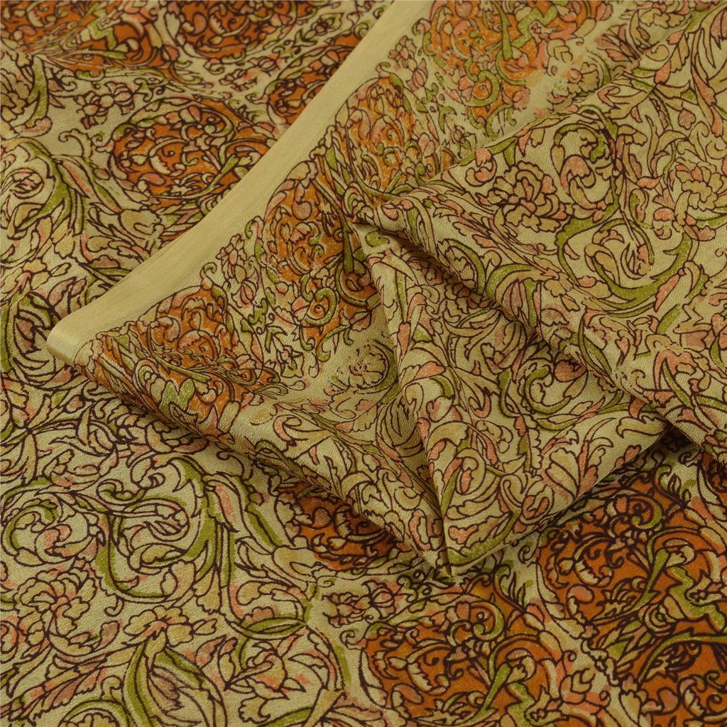 Sanskriti Vintage Sarees Beige Indian Pure Silk Printed Sari 6+yd Craft Fabric