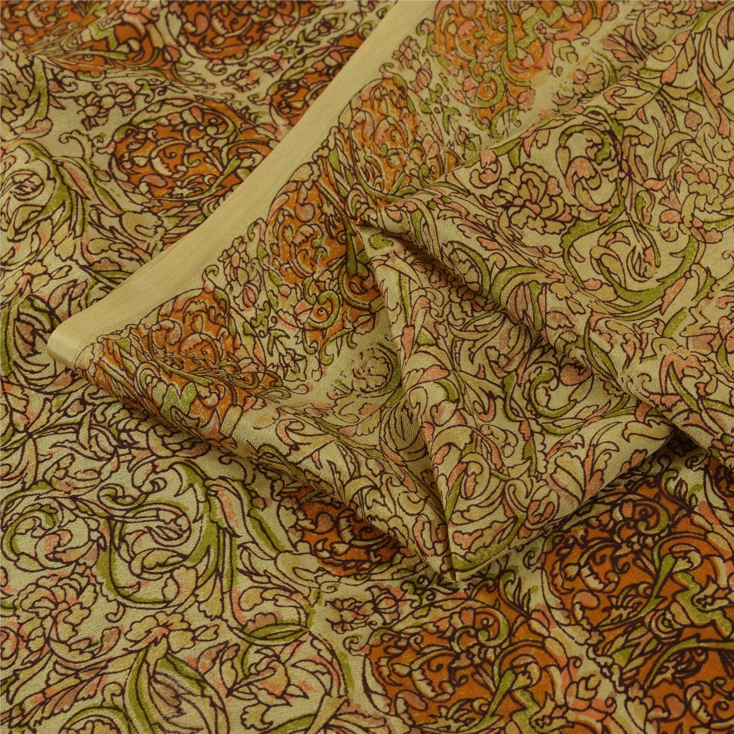 Sanskriti Vintage Sarees Beige Indian Pure Silk Printed Sari 6+yd Craft Fabric