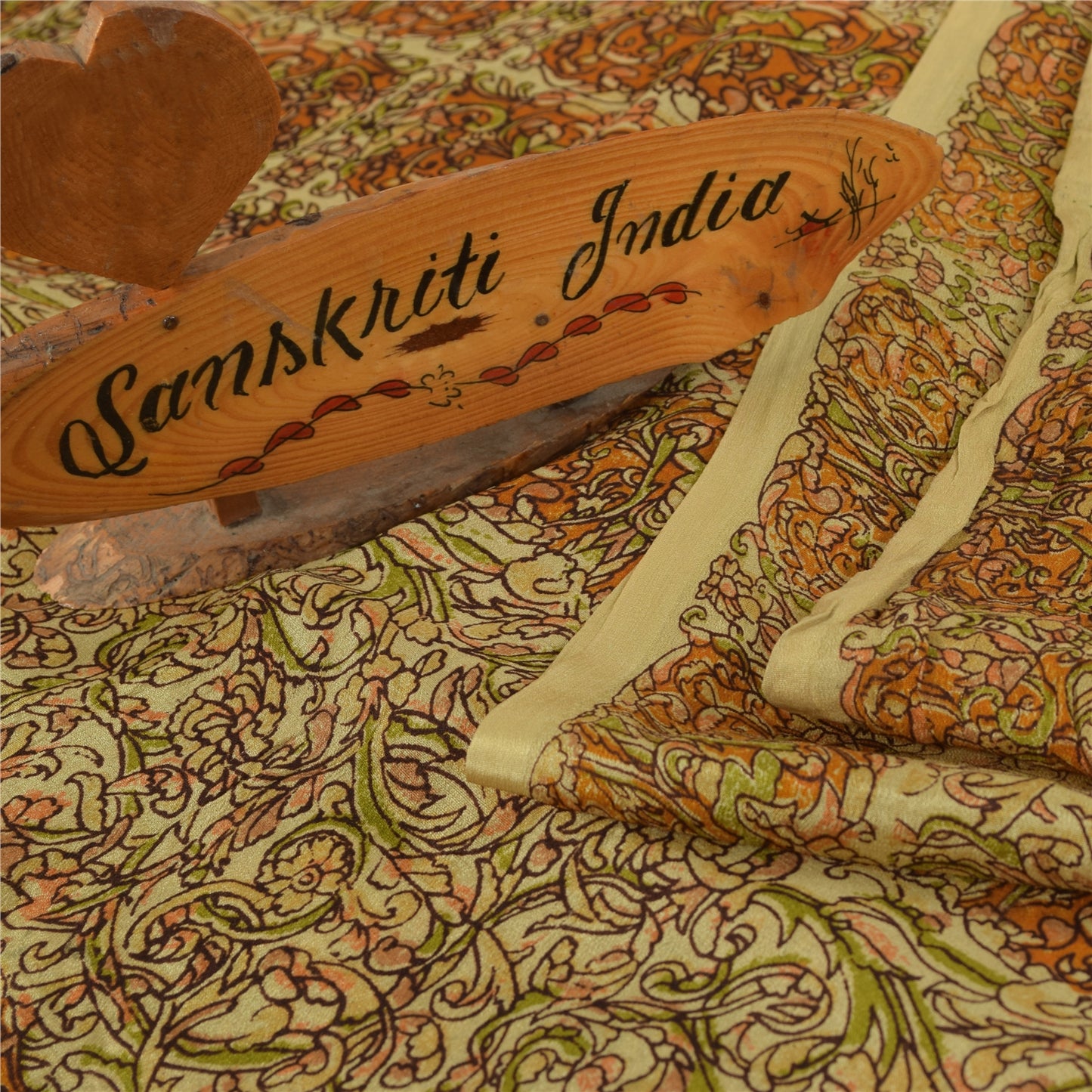 Sanskriti Vintage Sarees Beige Indian Pure Silk Printed Sari 6+yd Craft Fabric