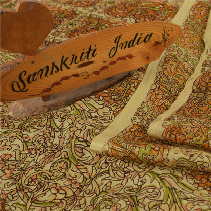 Sanskriti Vintage Sarees Beige Indian Pure Silk Printed Sari 6+yd Craft Fabric