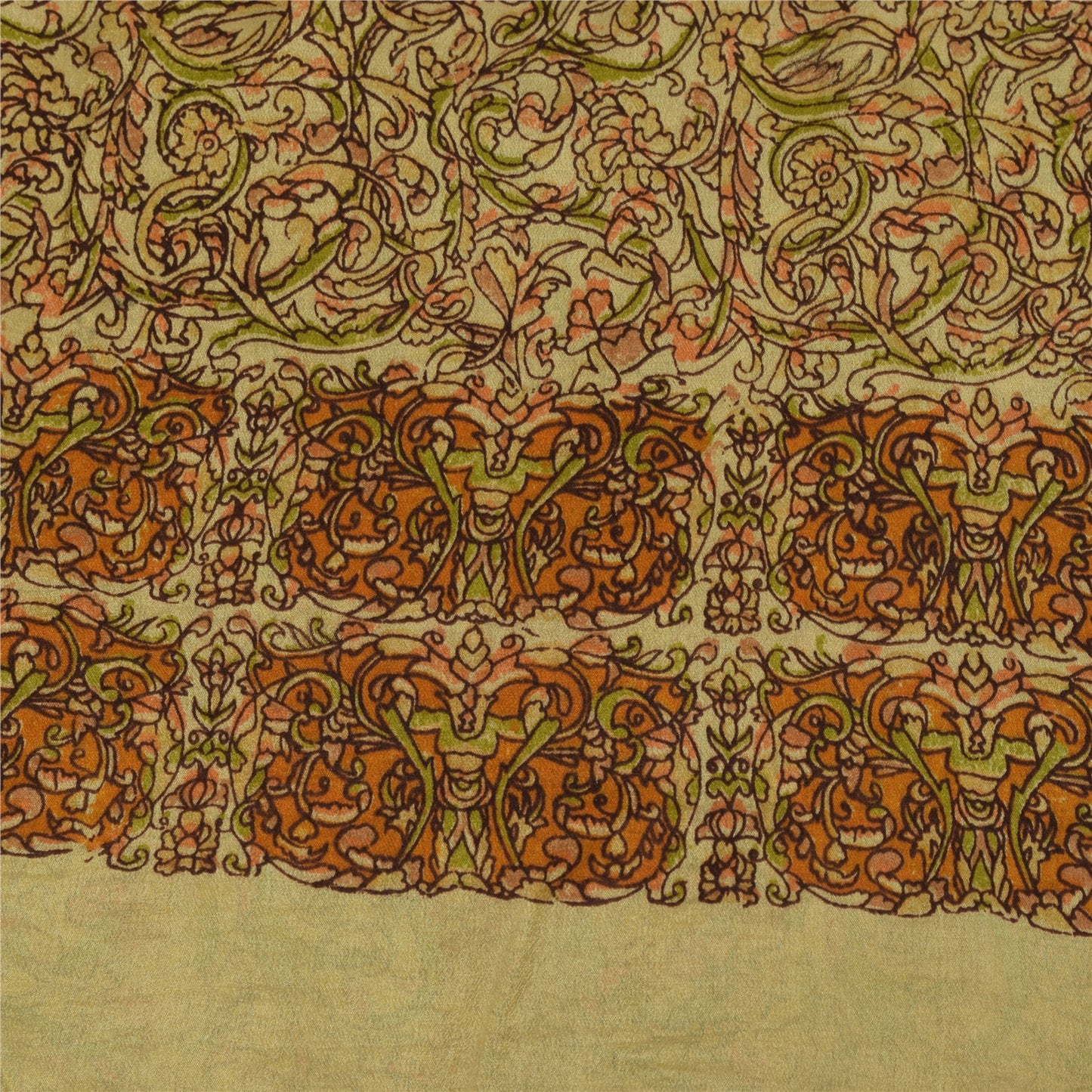 Sanskriti Vintage Sarees Beige Indian Pure Silk Printed Sari 6+yd Craft Fabric