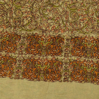 Sanskriti Vintage Sarees Beige Indian Pure Silk Printed Sari 6+yd Craft Fabric
