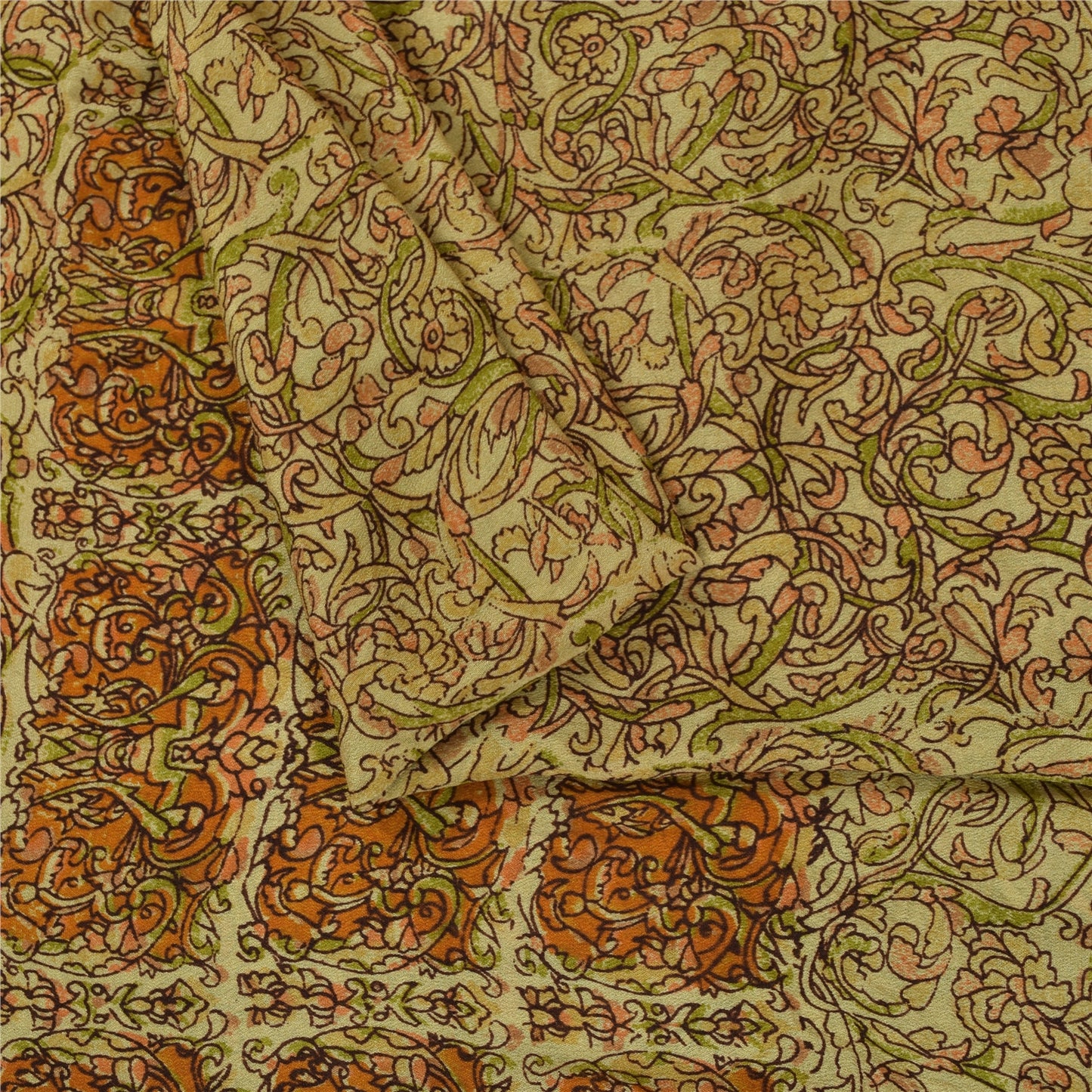 Sanskriti Vintage Sarees Beige Indian Pure Silk Printed Sari 6+yd Craft Fabric