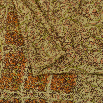 Sanskriti Vintage Sarees Beige Indian Pure Silk Printed Sari 6+yd Craft Fabric