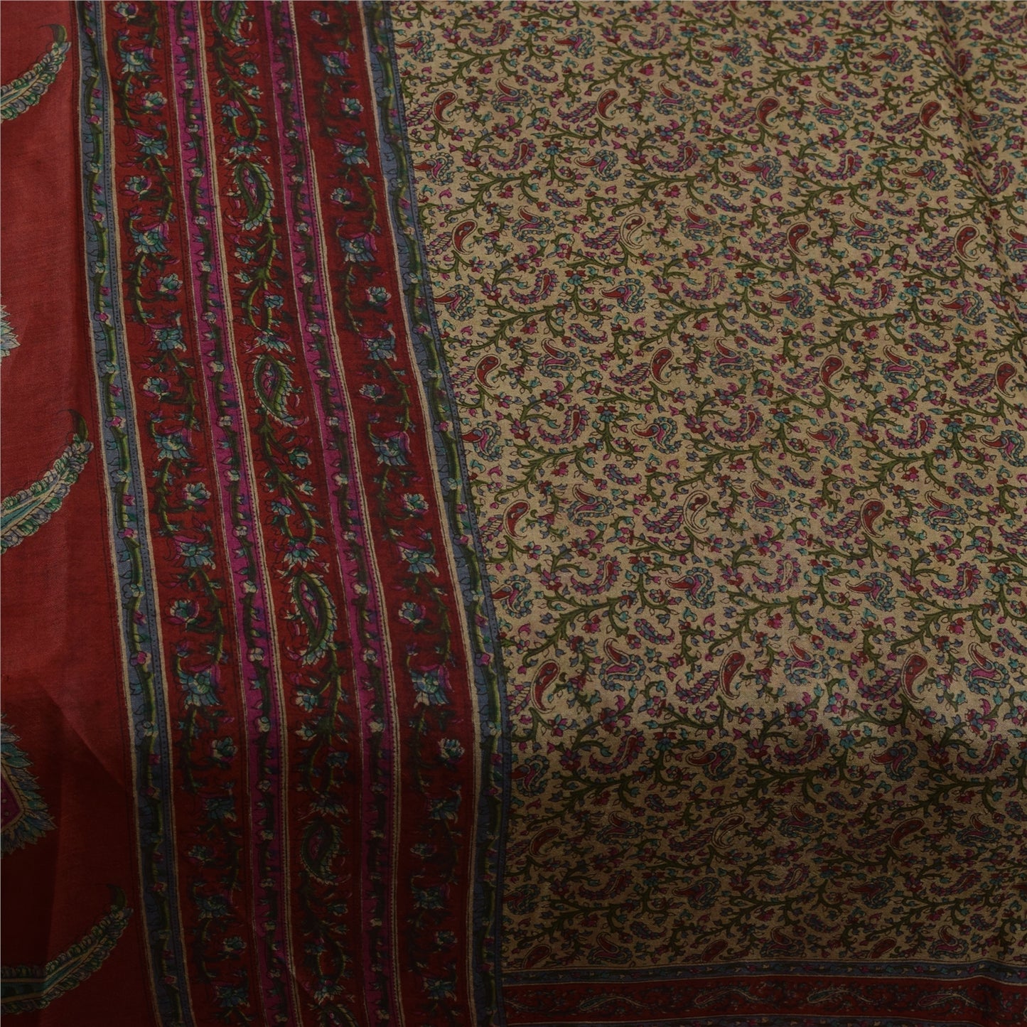 Sanskriti Vintage Sarees Light Brown Pure Silk Printed Sari 5+yd Craft Fabric