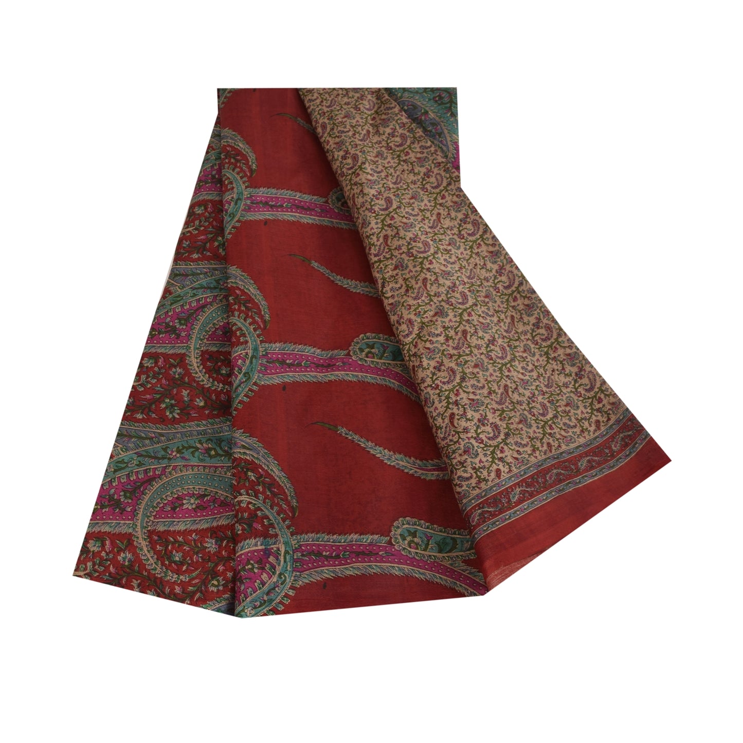 Sanskriti Vintage Sarees Light Brown Pure Silk Printed Sari 5+yd Craft Fabric